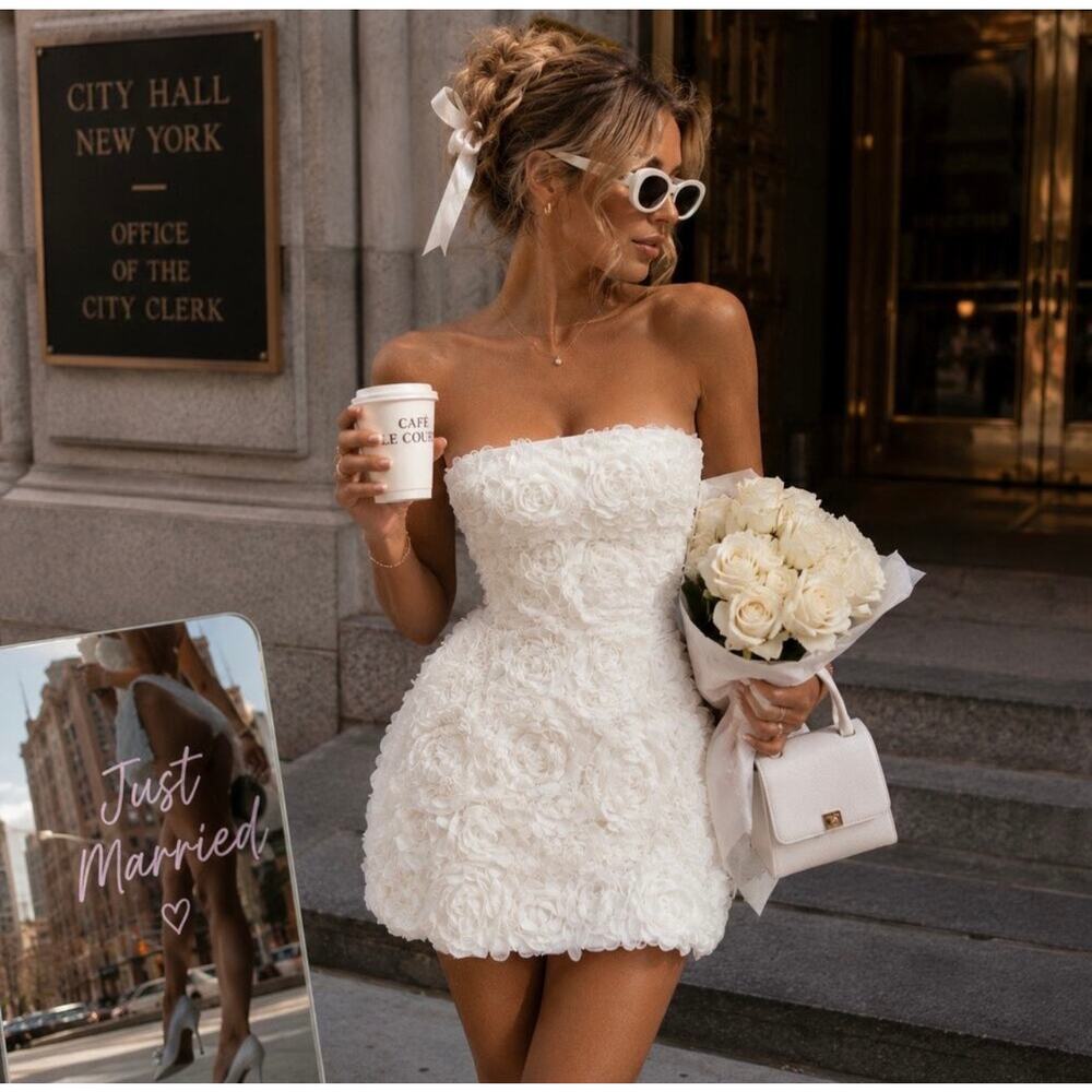Oh Polly White Rosette Strapless Mini Dress Bridal Coquette NWT US 4 - Picture 7 of 16